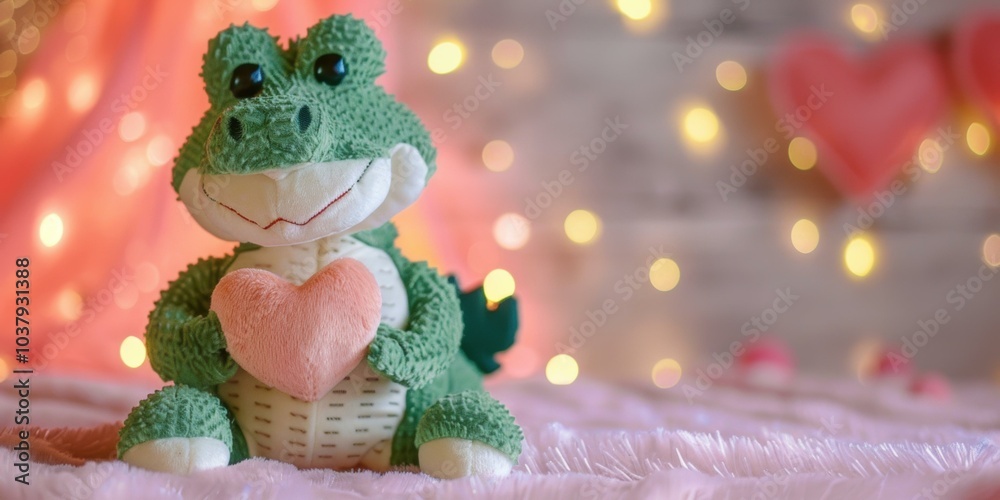 Poster A plush alligator holding a heart. AI.