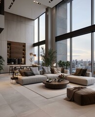 Fototapeta premium Modern living room with large windows and city views. AI.