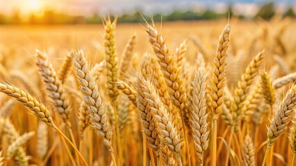 Fototapeta premium wheat panicles in agricultural field with selective focus