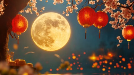 Obraz premium A beautiful scene of a full moon with red lanterns hanging from a tree
