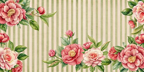 Obraz premium Vintage inspired elegant striped fabric background with watercolor camellia japonica flowers and leaves, Asymmetrical