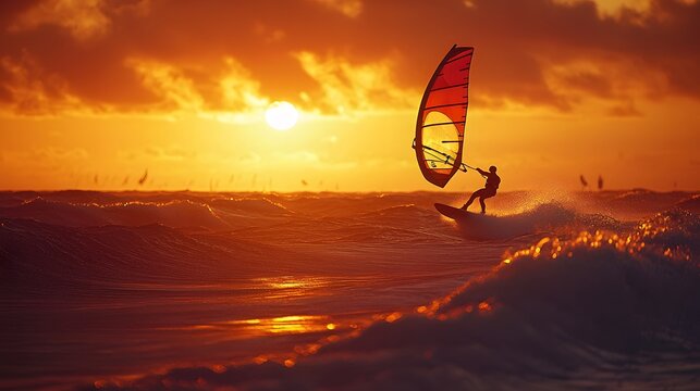 Silhouette of Windsurfer Against Sunset Horizon