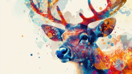 Obraz premium Vibrant Abstract Watercolor Deer Portrait with Colorful Splashes and Artistic Expression