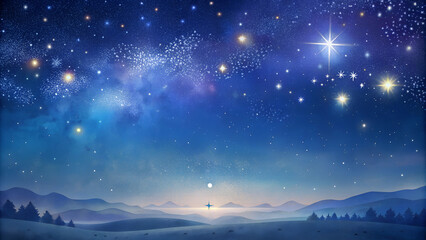 Fototapeta premium Día de los Reyes Starry Night Background, Soft Stars Glowing in a Deep Indigo Sky with Gentle Landscape Below, Suggesting Peacefulness and Wonder of Holiday’s Nighttime Celebrations
