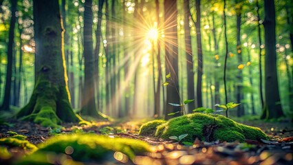 Sunbeams Dappling Through a Lush Green Forest, Illuminating a Moss-Covered Rock with Small Plants Pushing Through