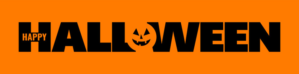 happy halloween, black text over orange background, wide vector banner, pumpkin lantern
