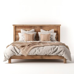 A rustic wooden bed, farmhouse style, natural finish, cozy bedding, isolated on white background 