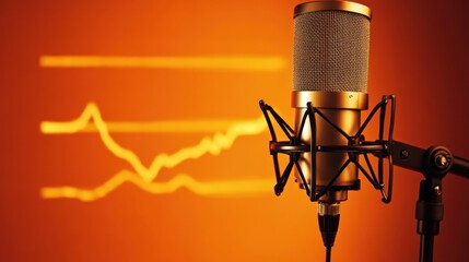 A golden mic with a pop filter on an orange background, sound waveform visuals beside it, perfect for podcasting and audio concepts.