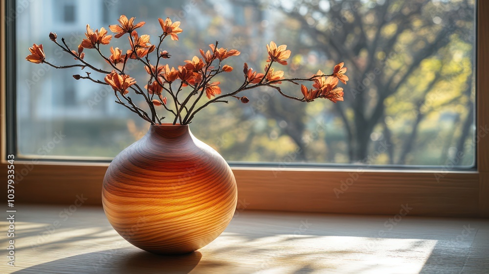 Poster a vase with flowers sits on a table by a window