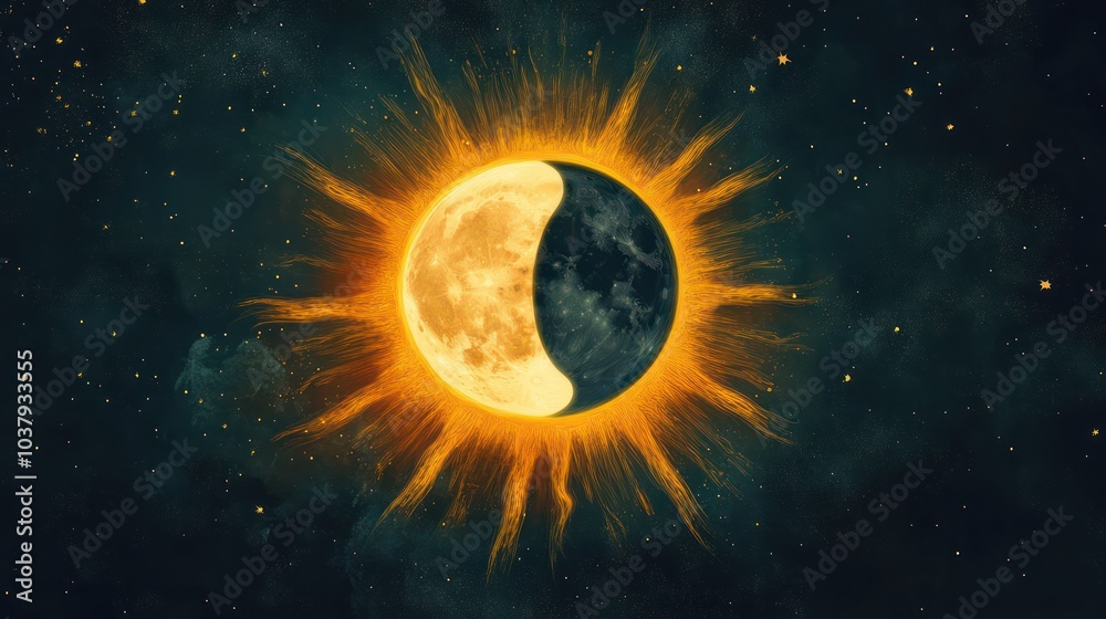 Poster a close up of a sun and moon with the sun on the left and the moon on the right