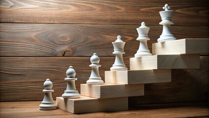 White chess pieces on wooden block staircase in tilted angle