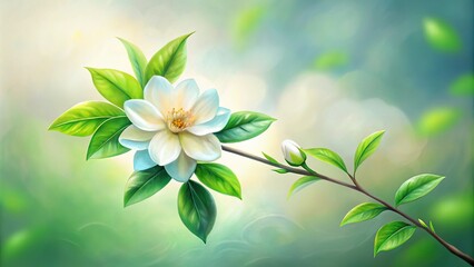 white flower, green leaves, branch, painting, wide-angle