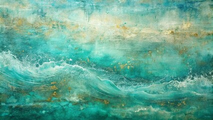 Naklejka premium Abstract Teal and Gold Swirling Seascape with Whimsical Waves