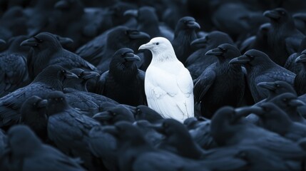 Fototapeta premium A lone white crow surrounded by black crows, symbolizing being different or the black sheep concept in societal contexts.