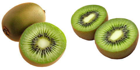Fototapeta premium Set of a Kiwi fruit cut in half, isolated on a transparent background.