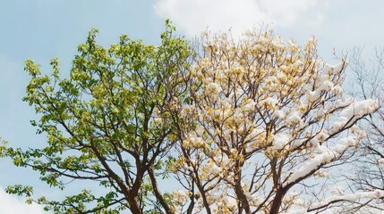 Fototapeta premium Three trees in different stages of spring growth, with new leaves, blossoms, and snow.