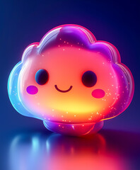 A cheerful, glowing cloud character with a cute smiling face is illuminated in vibrant neon colors and set against a dark background.