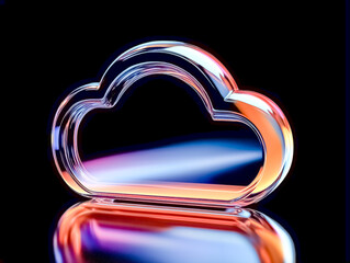 Cloud icon. A sleek, transparent glass cloud sculpture reflecting vibrant neon lights in shades of blue, orange, and purple, set against a dark background.