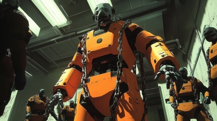 A robotic prisoner in chains, wearing an orange jumpsuit, surrounded by guards in a courtroom. Visualizing AI control and futuristic dystopia.