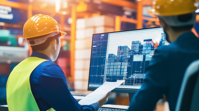 Supply Chain Analyst with Logistics Data: A supply chain analyst examining logistics data on a computer screen, emphasizing supply chain technology.