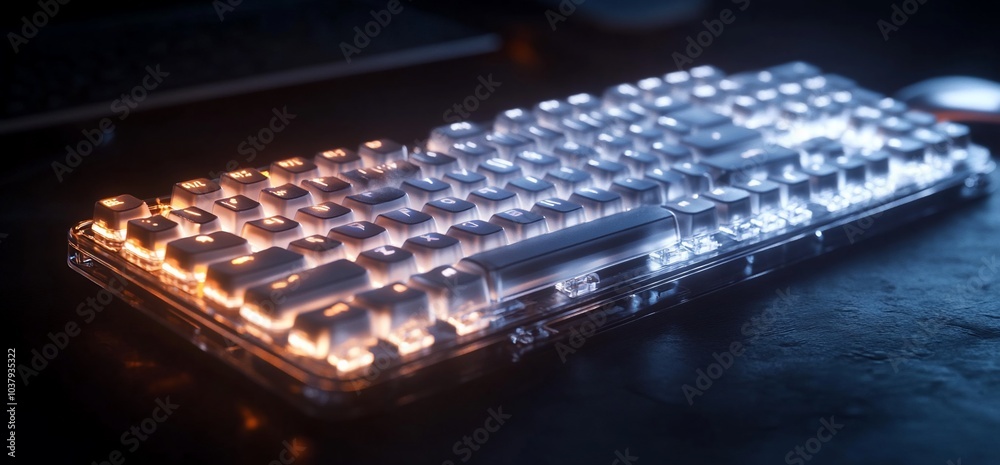 Poster a transparent mechanical keyboard with orange and blue backlighting on a dark surface.