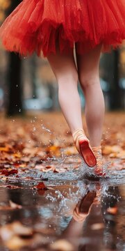 A ballet dancer tiptoes to create a splash in a puddle, sending droplets of water into the air. Wearing a red tutu dress and red ballet shoes, creates an intriguing contrast with the autumn leaves
