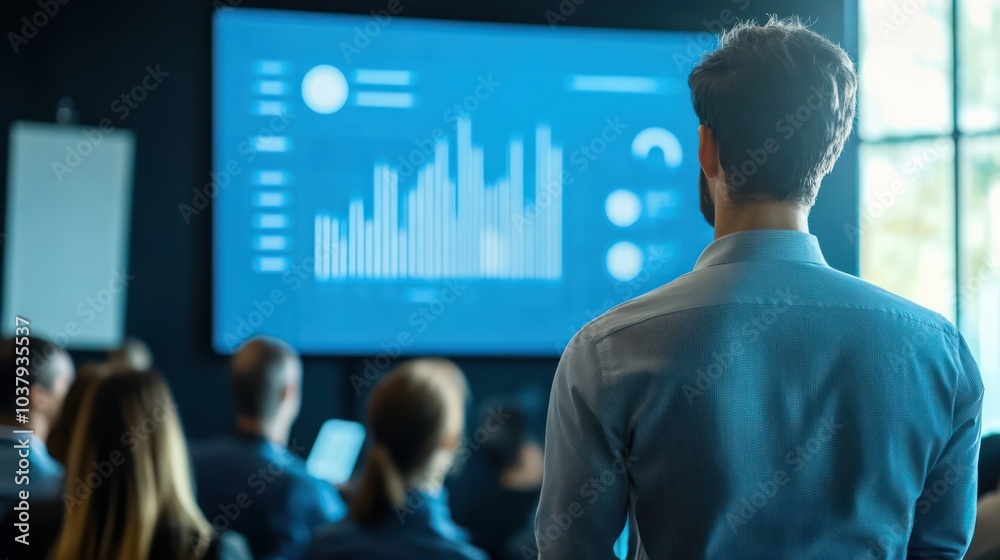 Fototapete A man stands in front of a large screen displaying graphs and charts