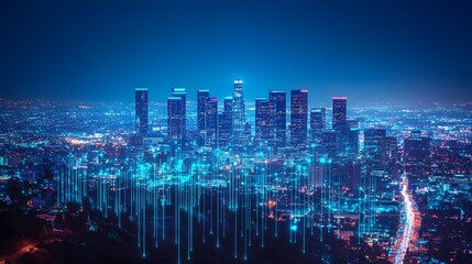 Fototapeta premium Network and connection technology concept with Downtown Los Angeles at night. 