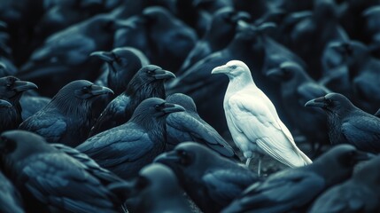 Fototapeta premium A white crow stands out among a flock of black crows, representing individuality and uniqueness in a world of conformity.