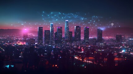Network and connection technology concept with Downtown Los Angeles at night. 