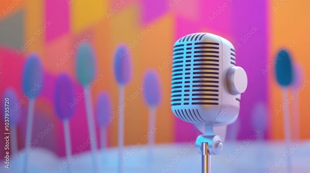Poster A microphone is placed in front of a colorful background