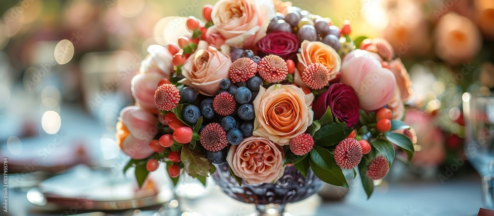 Canvas Prints A beautiful bouquet of flowers in a vase. The bouquet contains roses, blueberries, and other flowers. It is in focus and the background is blurred.