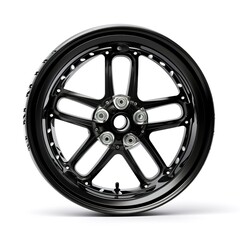 A motorcycle wheel, black rubber with chrome spokes, sleek and stylish, isolated on white background 