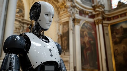 AI robot dressed in religious vestments preaching in an ornate church, a symbol of the futuristic blending of faith, religion, and artificial intelligence.