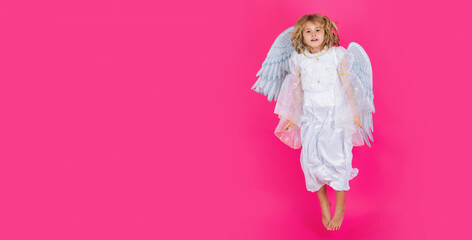 Angel child jump, kids jumping, full body in movement. Valentines day banner. Cute child with angel wings. Horizontal header, banner.