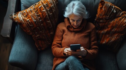 Serene Senior Woman Using Smartphone for Online Shopping at Home - Drone Aerial Shot