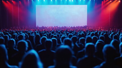 A large crowd of people are sitting in a theater watching a movie
