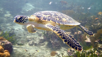 Obraz premium Green sea turtle swimming through coral reef.