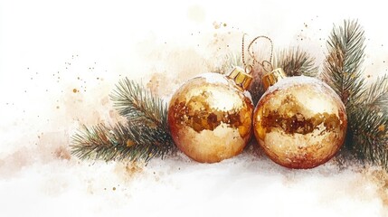 Christmas card with golden baubles hanging from snowy fir tree branch