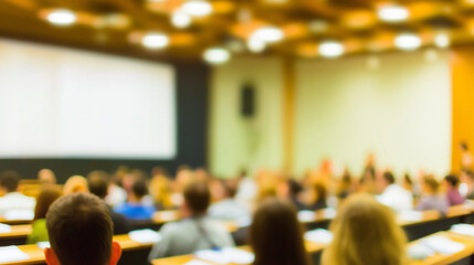 Corporate Seminar Blur: A blurred background of a corporate seminar or training session in a conference hall, with attendees.