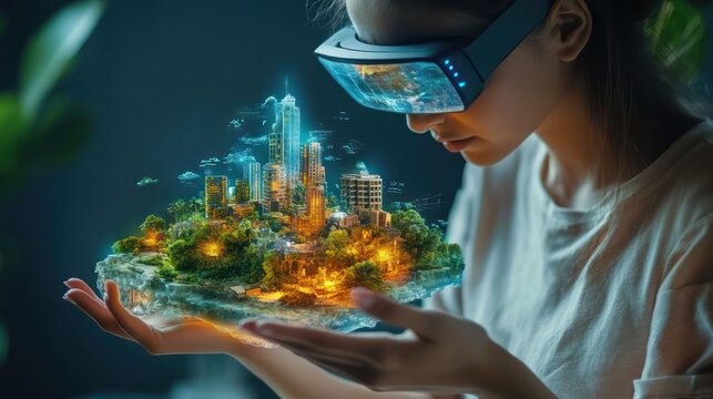 A woman is holding a virtual reality headset and looking at a city