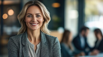 Fototapeta premium Serene Business Deal: Happy Mid Aged Woman Manager Handshaking with Client in Office
