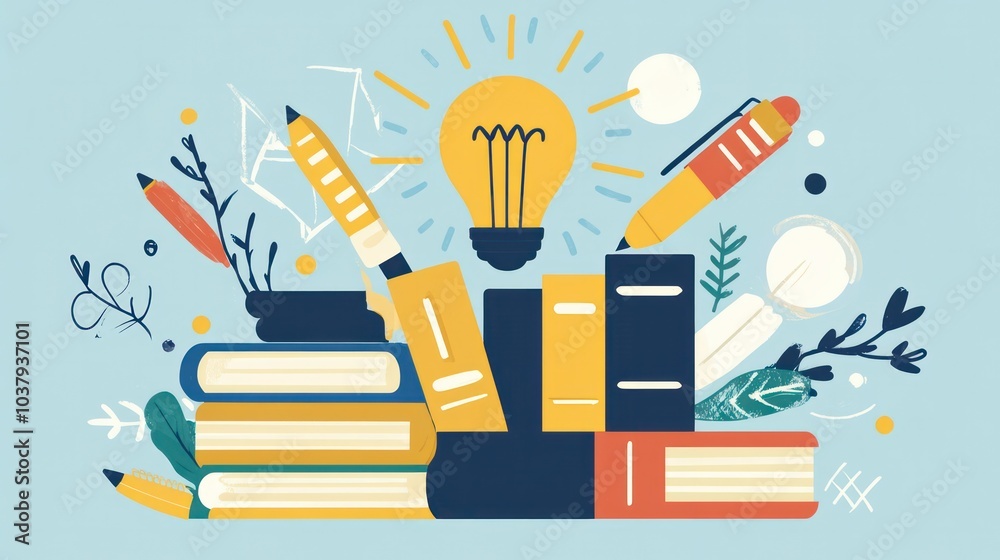 Poster A drawing of a stack of books with a light bulb on top