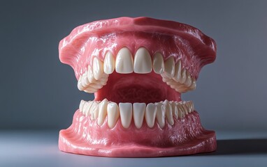 Obraz premium A realistic 3D model of human teeth in an open mouth, featuring a comprehensive view of molars, canines, and incisors, with an emphasis on dental hygiene and health