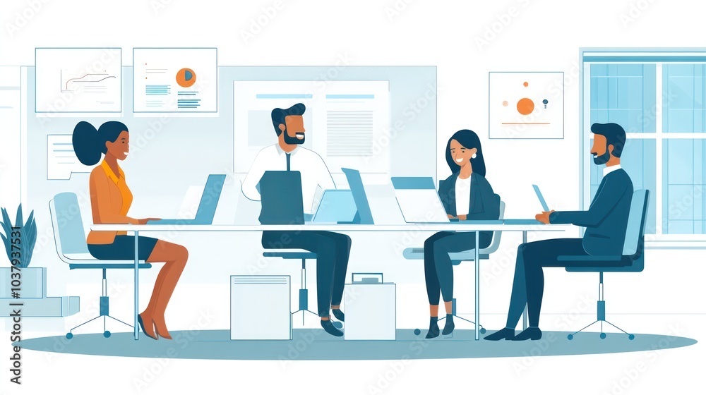 Poster a group of people are sitting around a table in a business setting