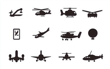 A silhouette icon set featuring air transport, including an airplane and helicopter, in glyph pictogram style against a white background 