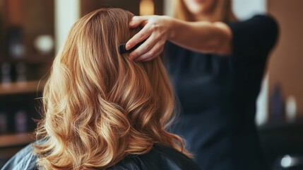 Fototapeta premium Blonde woman in a salon chair, hairdresser working on a new haircut, modern and stylish salon interior for beauty and fashion themes.
