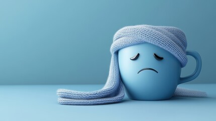 Blue coffee cup with sad face, scarf wrapped around, on blue backdrop. Ideal for Blue Monday or mental health awareness concepts.
