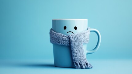 Blue coffee cup with sad face, scarf wrapped around, on blue backdrop. Ideal for Blue Monday or mental health awareness concepts.
