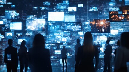 A group of people are looking at a large screen with many images on it